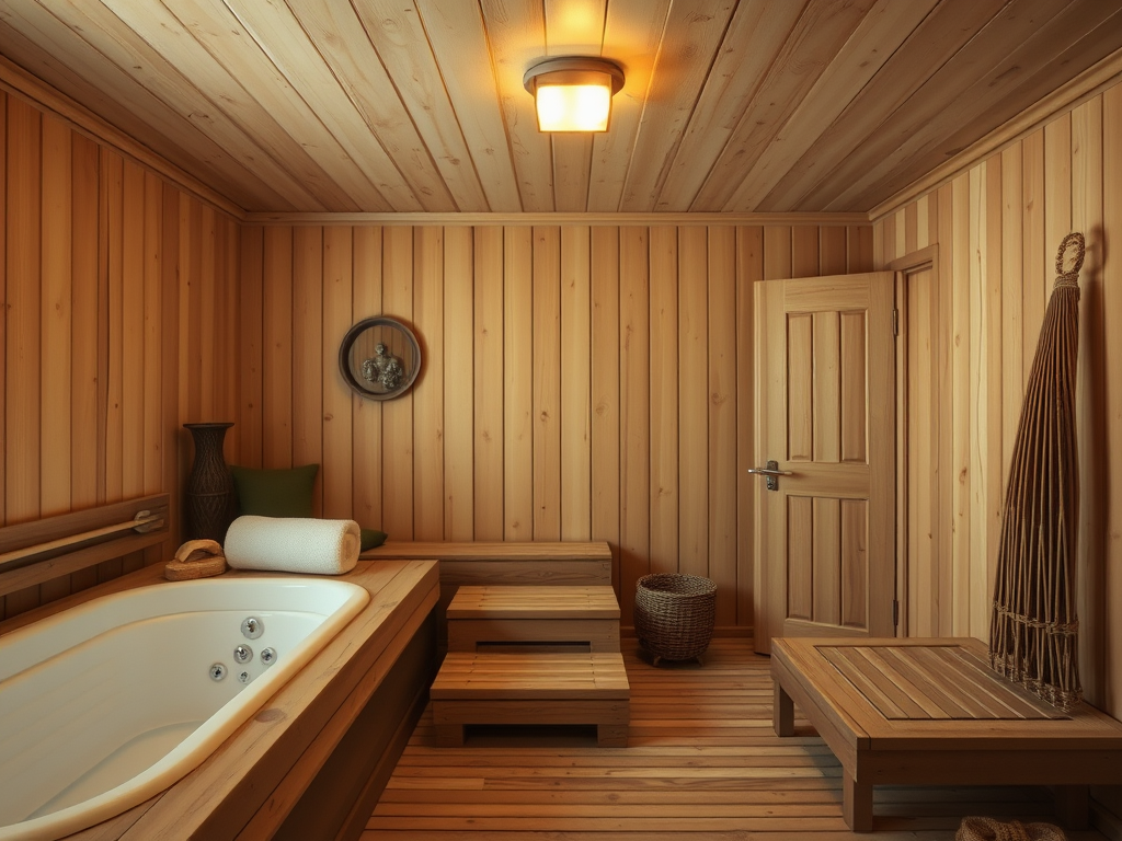 Уютная сауна с деревянными стенами, джакузи и удобной мебелью для отдыха. Теплая и расслабляющая атмосфера.