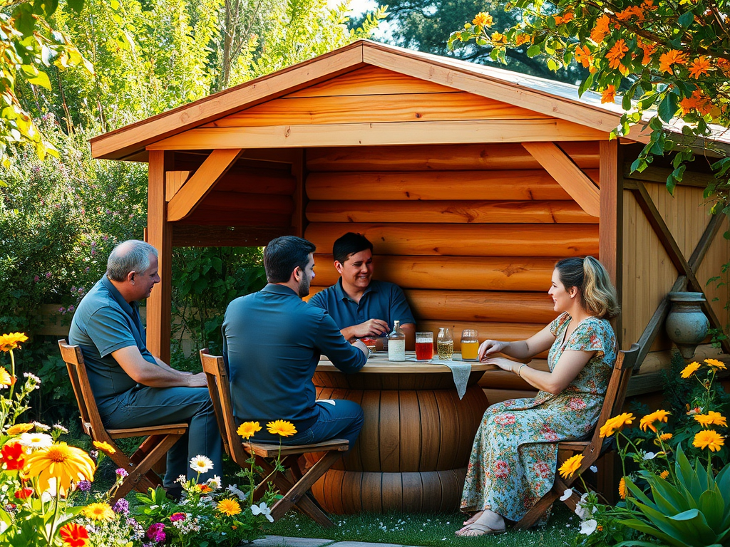 Четыре человека сидят за столиком в саду, наслаждаясь напитками и общением в уютном уголке.