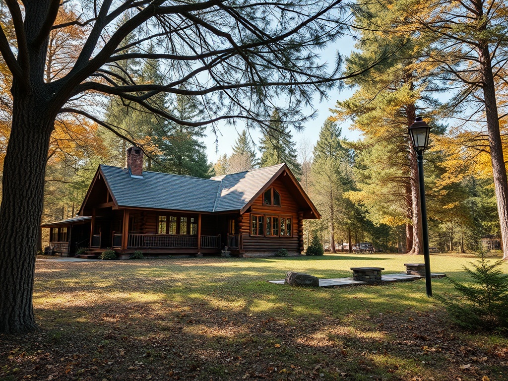 Деревянный дом в лесу, окруженный зелеными деревьями и осенними листьями, с небольшим каменным участком рядом.
