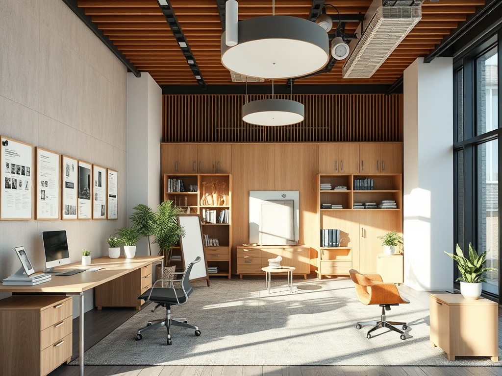 Современный офис с деревянными элементами, столами и стульями, оформленный в светлых тонах и зелеными растениями.