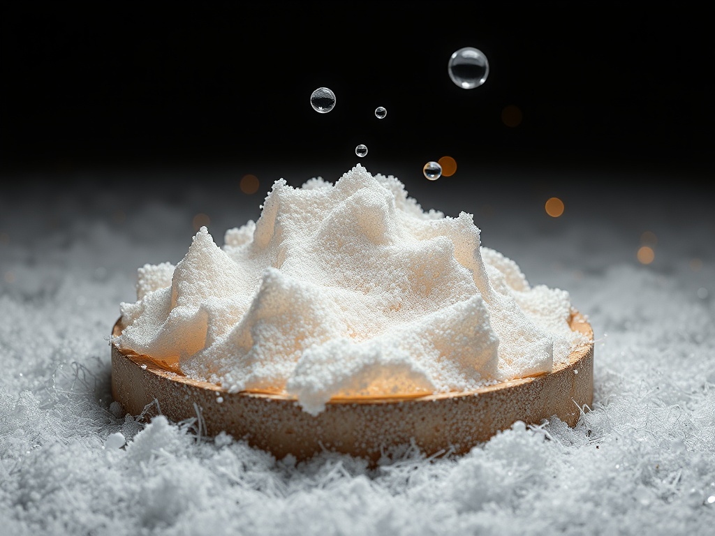 Белая горка сахара на светлом фоне с каплями воды и сверкающим снегом вокруг. Атмосфера волшебства.