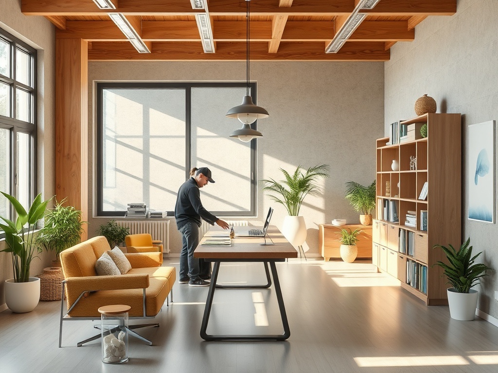 Современный офис с растениями, столом и уютным диваном, мужчина работает за ноутбуком у окна.