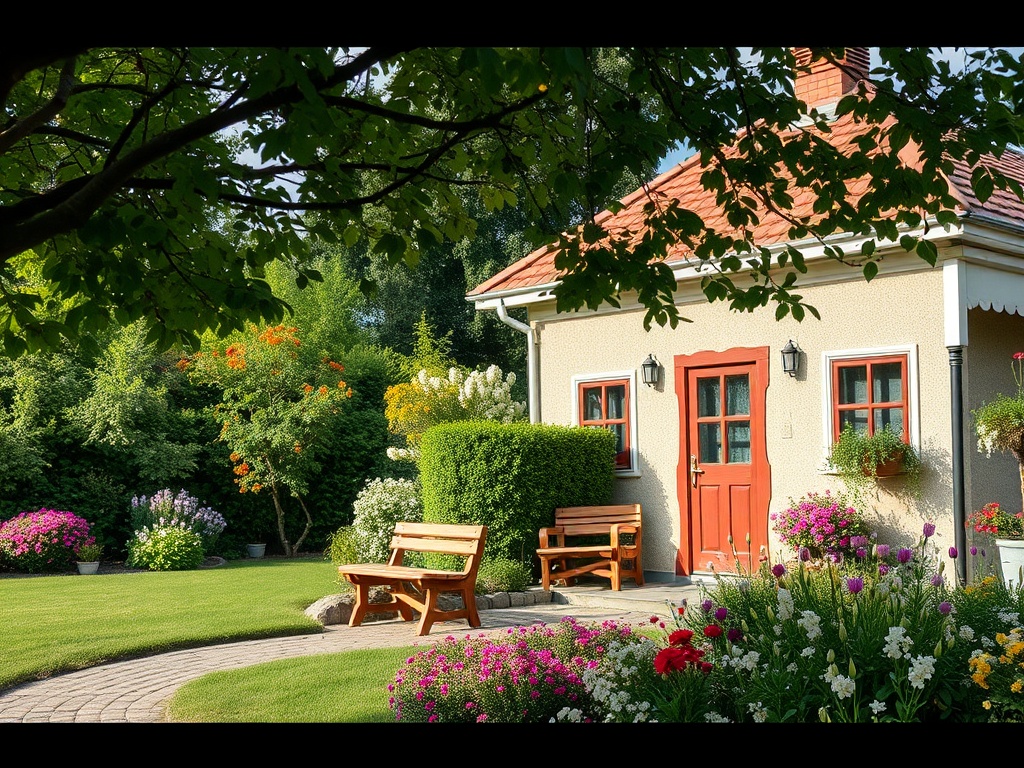 Уютный домик с красной дверью, окружённый цветами и зеленью, на солнечном лужайке в саду.