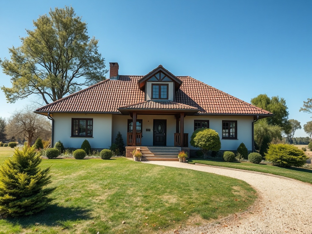 Красивая загородная дом с хорошо ухоженным садом и зелеными насаждениями на фоне ясного голубого неба.