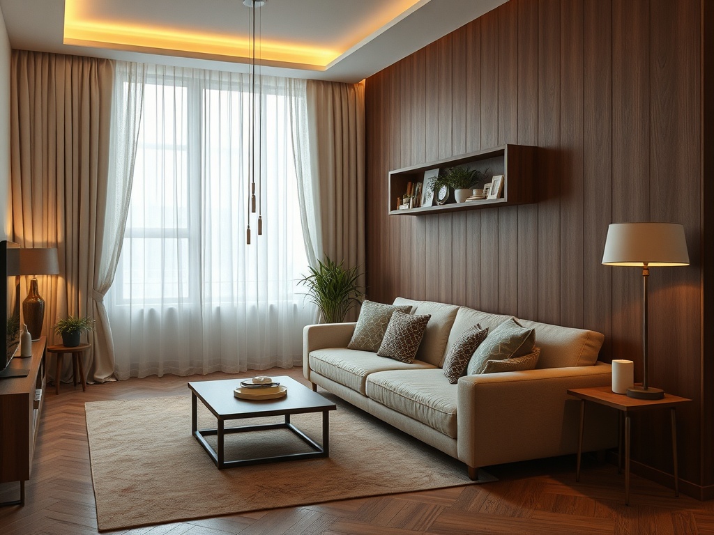 Современная гостиная с диваном, кофейным столиком и большими окнами, оформленная в теплых тонах.