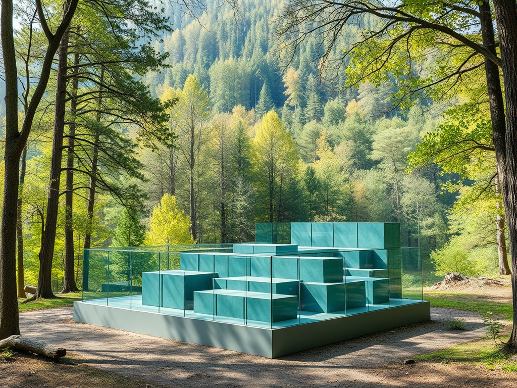 Современная архитектурная структура из стекла и кубов на фоне живописного леса.