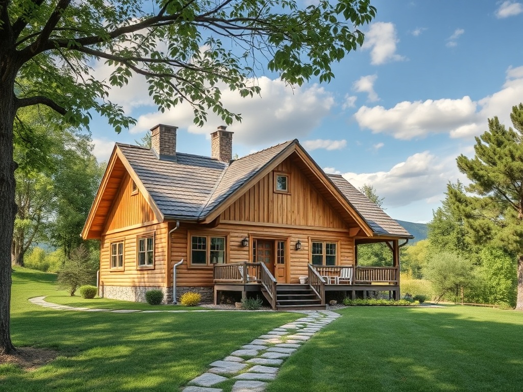 На изображении деревянный дом с верандой, окруженный зелеными деревьями и ухоженным газоном.