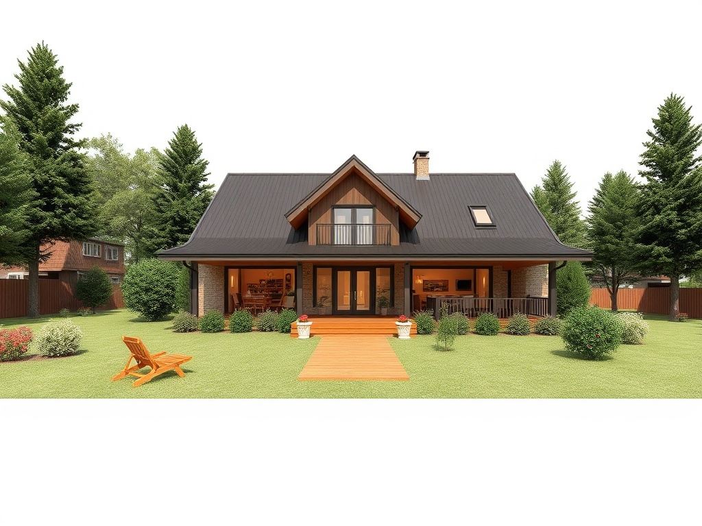 Современный дом с деревянной верандой на фоне зеленого сада и деревьев.