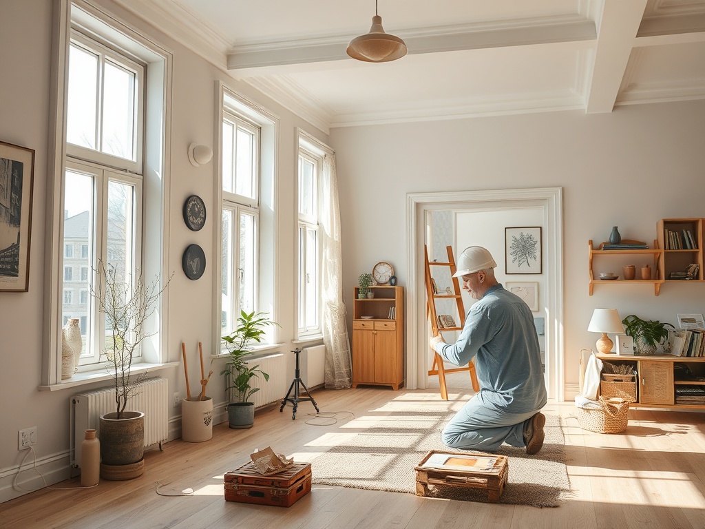 Человек в шлеме работает в светлой комнате с окнами, готовя лестницу для ремонта.