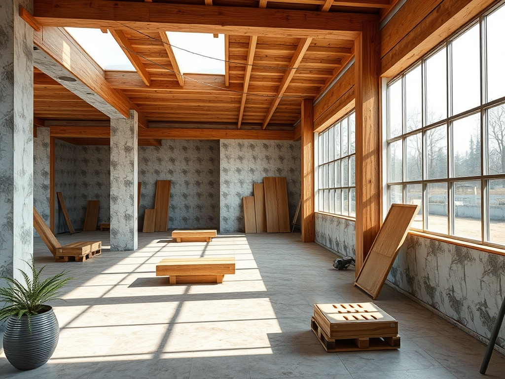 Просторное помещение с деревянными перекрытиями, большими окнами и деревянными предметами интерьера.