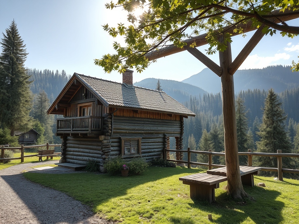 Деревянный домик в живописной местности, окруженный лесом и горами, с уютной верандой и столом на улице.