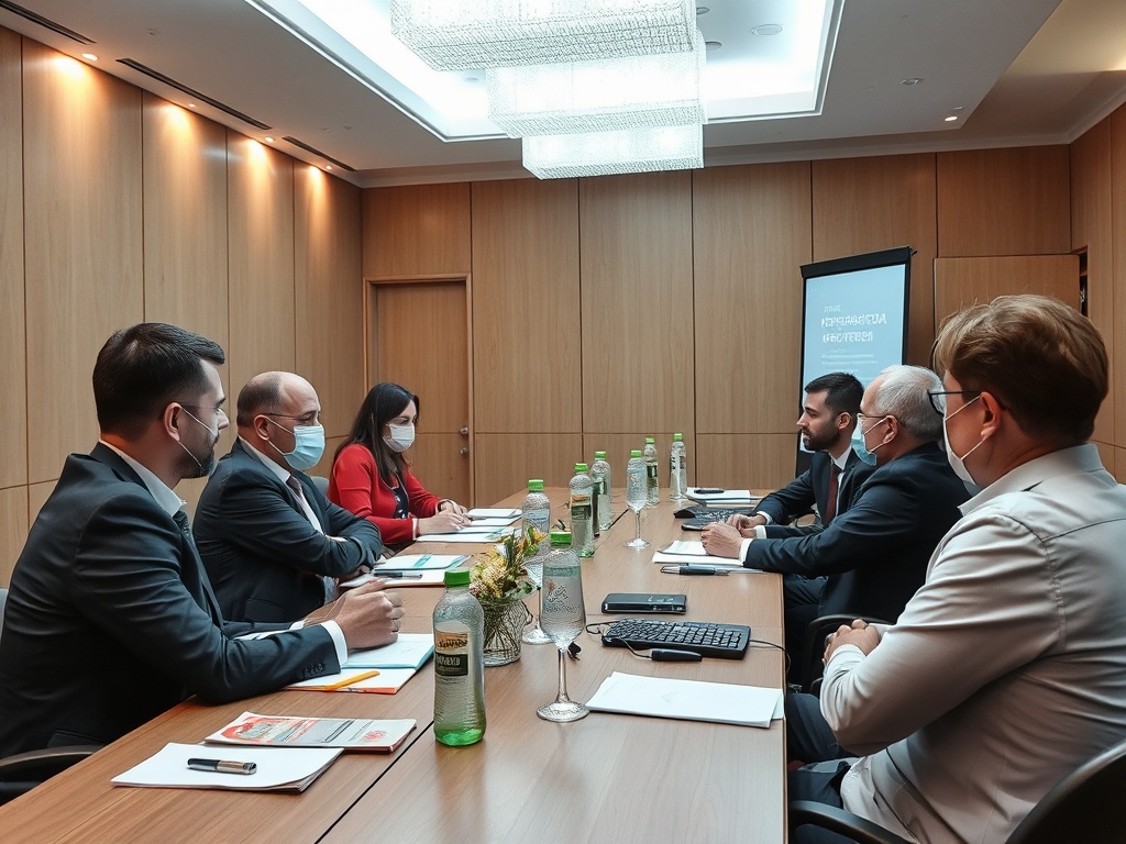 На встрече в конференц-зале обсуждаются важные вопросы, участники с масками сидят за столом.