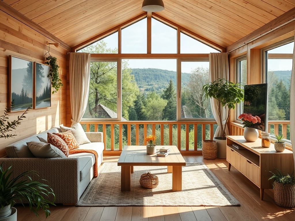 Светлая гостиная с деревянными стенами, большими окнами и уютной мебелью, выходящая на зеленый пейзаж.