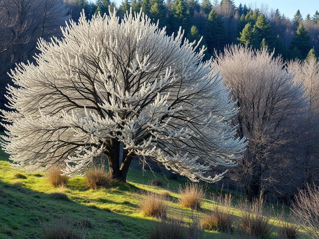На зелёном холме стоит распускающееся дерево с белыми цветами на фоне леса.
