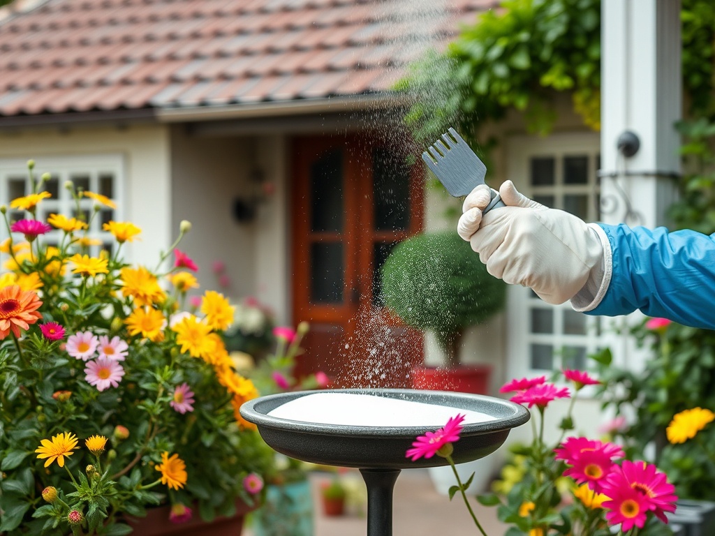 Человек в перчатках подсыпает удобрения к цветам в саду перед домом. Яркие цветы вокруг.