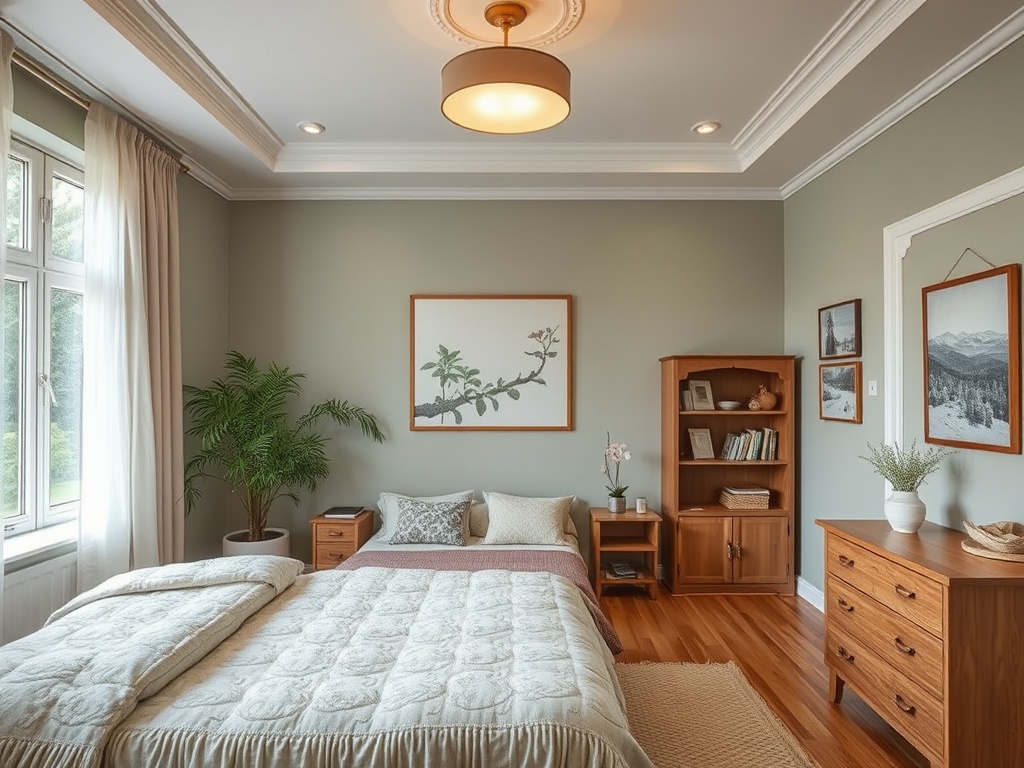 Уютная спальня с двуспальной кроватью, растениями и деревянной мебелью на фоне зеленых стен.