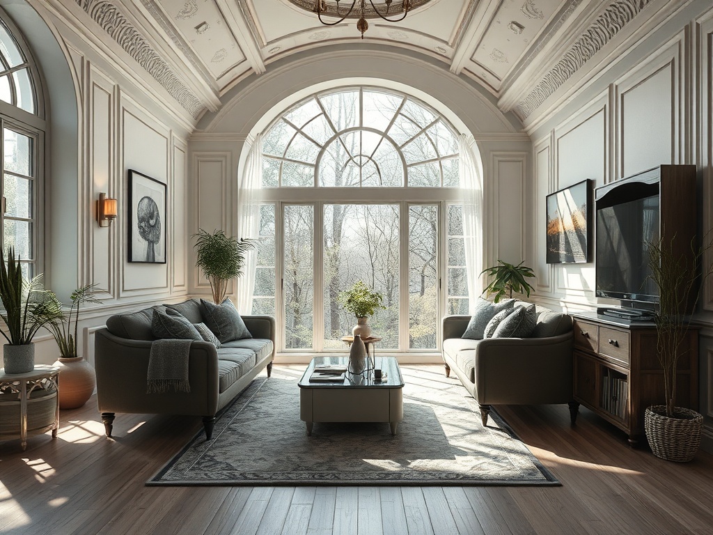 Светлая гостиная с большими окнами, уютной мебелью и растениями, создающая атмосферу уюта.