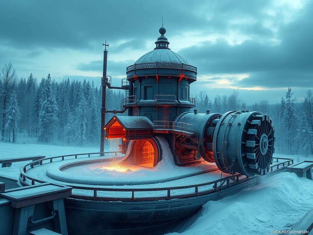 Зимний пейзаж с ярко освещённой конструкцией в центре, окружённой снежными деревьями.