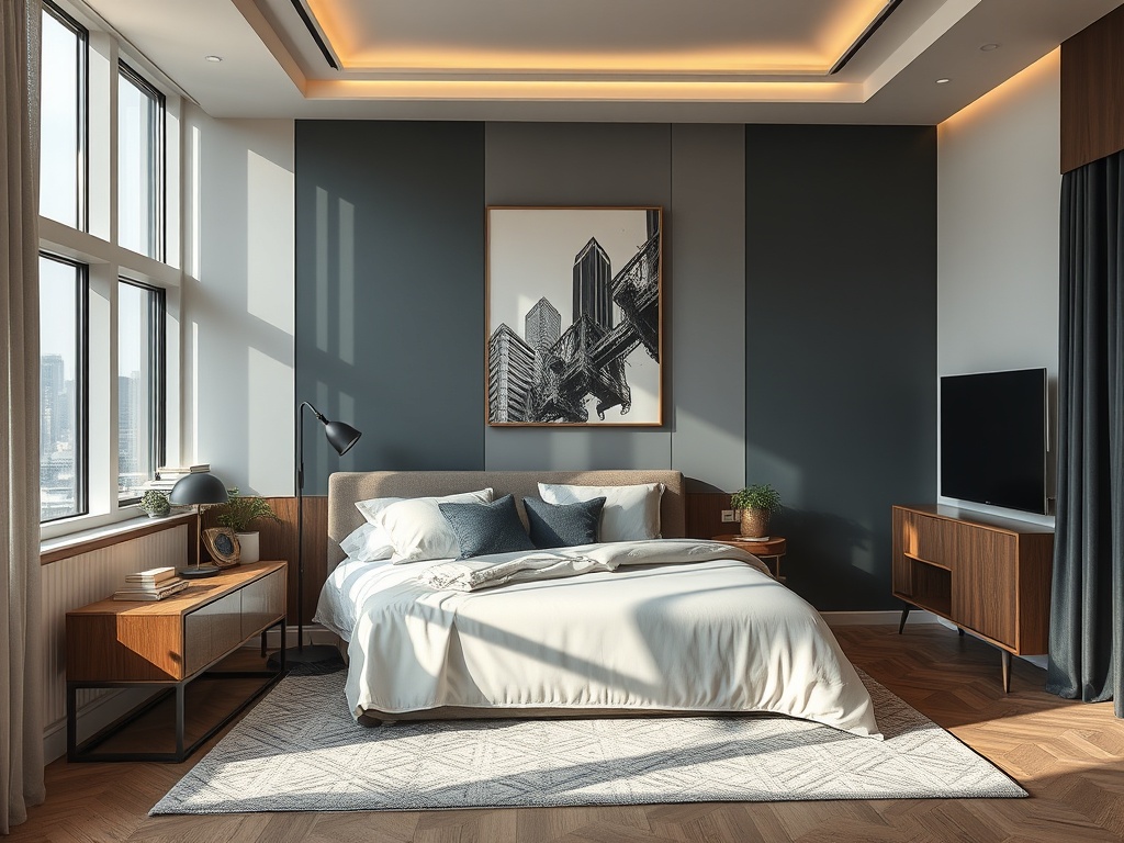 Современная спальня с большими окнами, уютной кроватью и стильной мебелью на фоне городского пейзажа.
