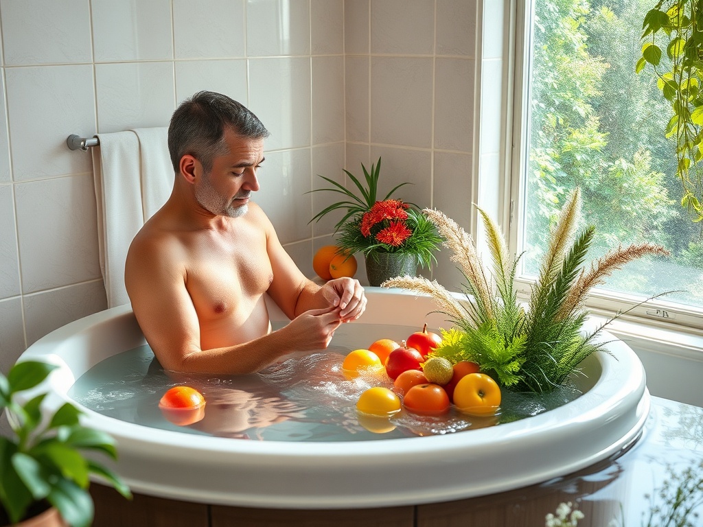 Мужчина в ванной, окружённый фруктами и зеленью, наслаждается моментом расслабления и покоя.