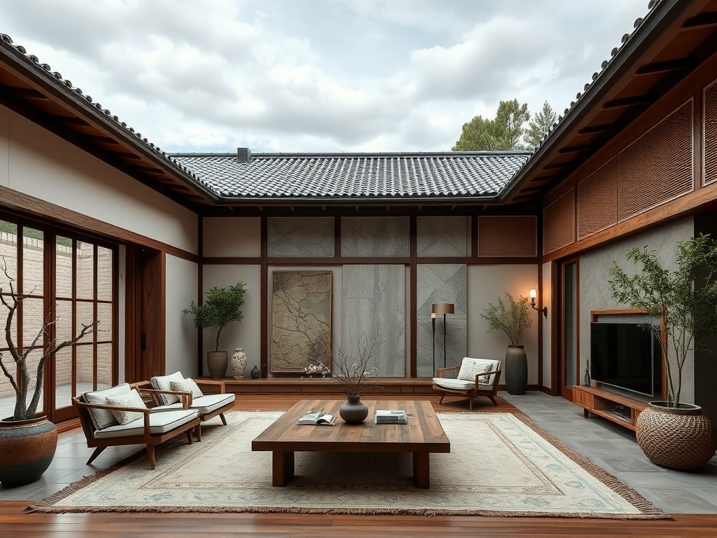 Современный интерьер с деревянной мебелью, уютным ковром и растениями в светлом помещении с крышей.