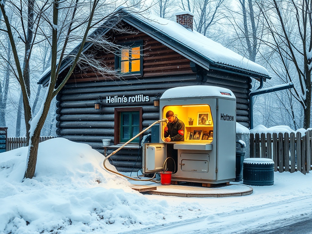 Зимний пейзаж. Человек у прилавка с книгами у деревянного дома, окруженного снегом и деревьями.