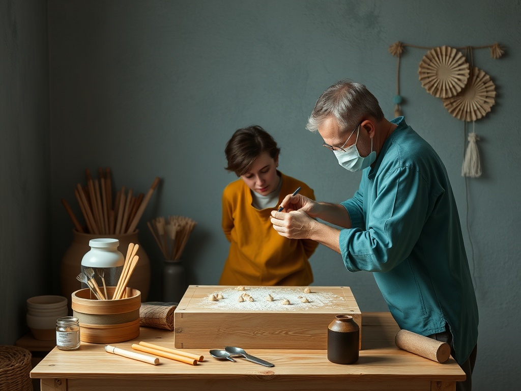 Дедушка и внук готовят тесто на столе, окружённые кухонными принадлежностями. Обстановка уютная и спокойная.