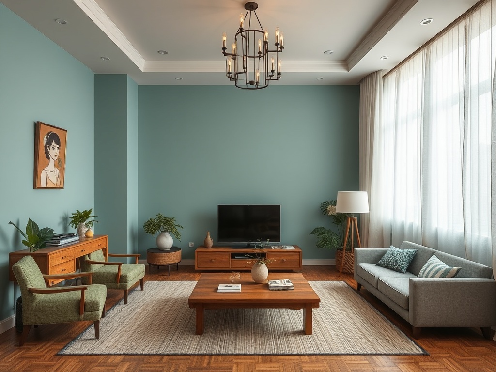 Современная гостиная с зелеными стенами, телевизором, мягкой мебелью и стильными растениями.