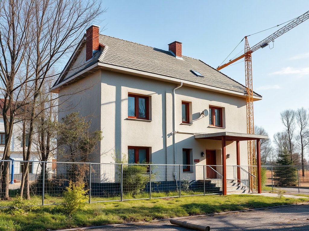 Двухэтажный дом с красными окнами и подъездом, рядом строительный кран и ограда из сетки.