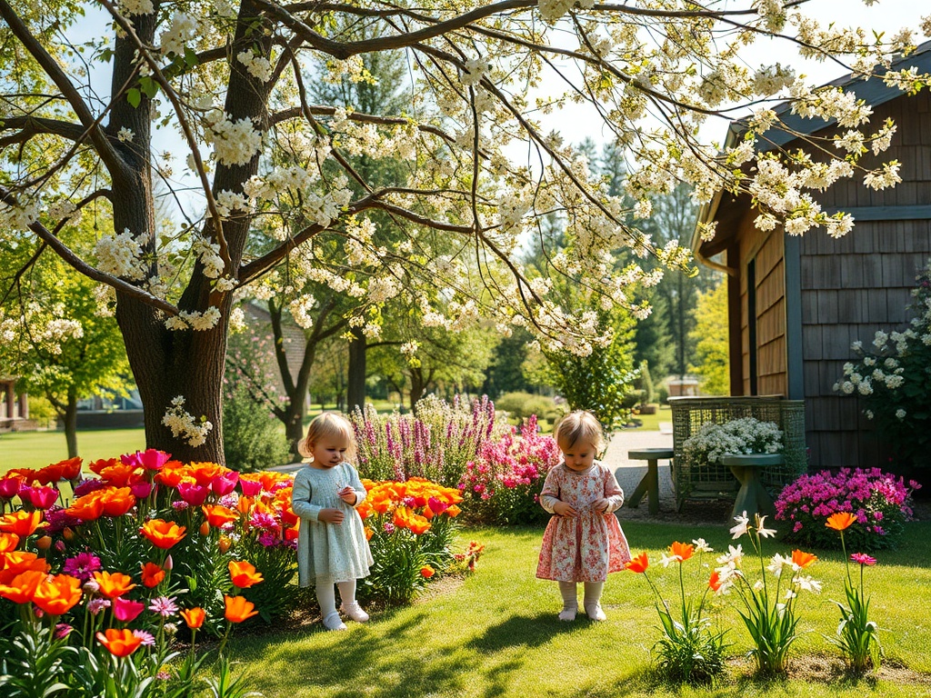 Две девочки играют в цветущем саду среди ярких цветов и деревьев с белыми цветами. Солнечный день.