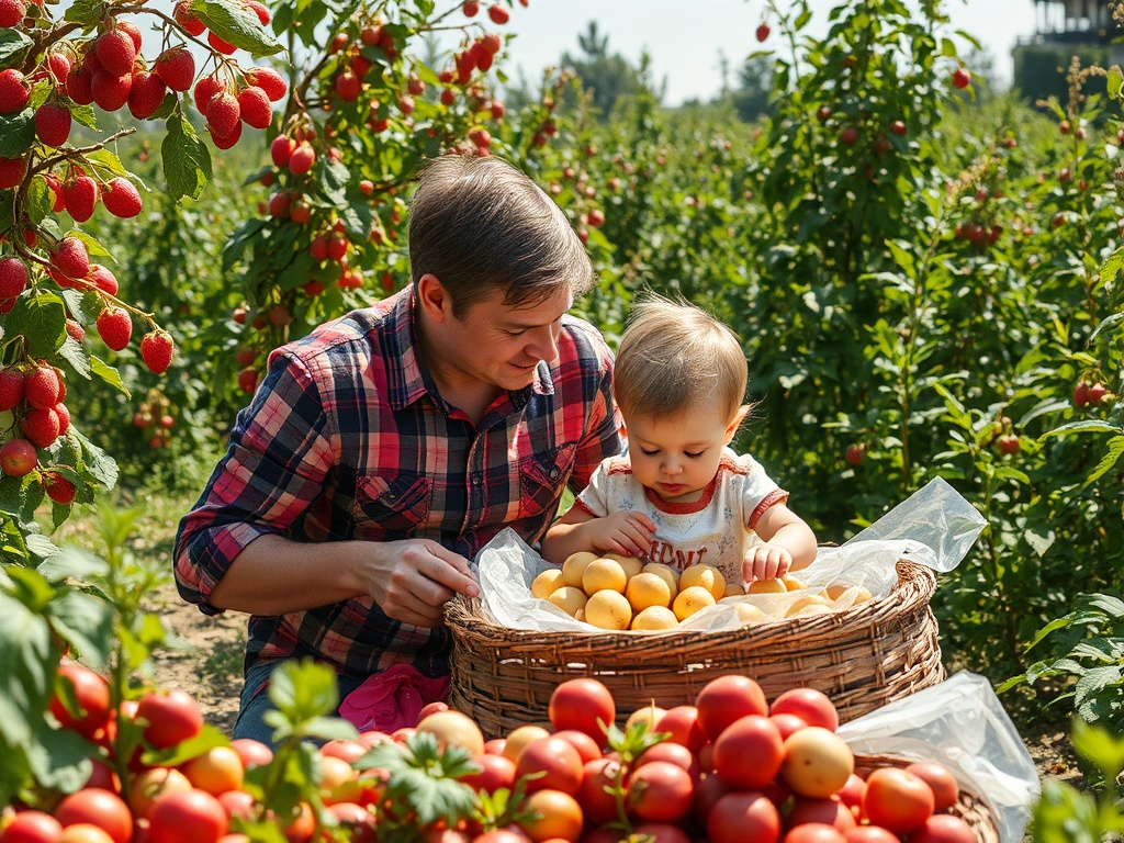 Отец с ребенком собирают фрукты в саду, рядом корзина с персиками и красные ягоды. Яркий солнечный день.