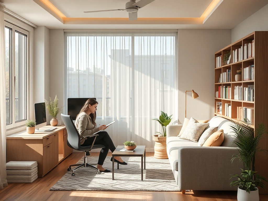 Светлая комната с женщиной в кресле, читающей книгу, уютной мебелью и зелеными растениями.