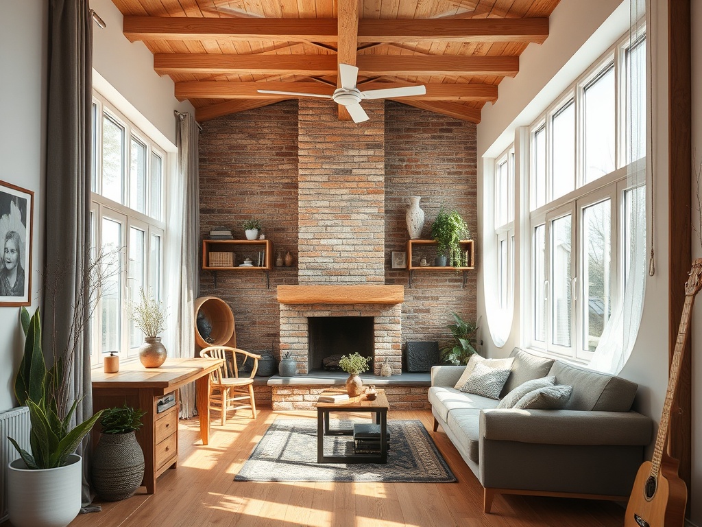 Современный светлый салон с деревянными балками, кирпичной стеной, диваном и уютным камином.